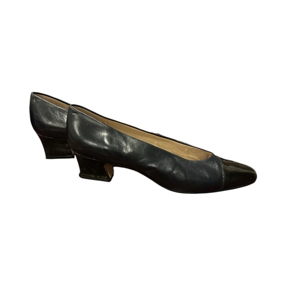 Etienne Aigner Black Leather Patent Cap Toe Pumps Block Heel 8.5 M Retro Classic - Picture 5 of 8